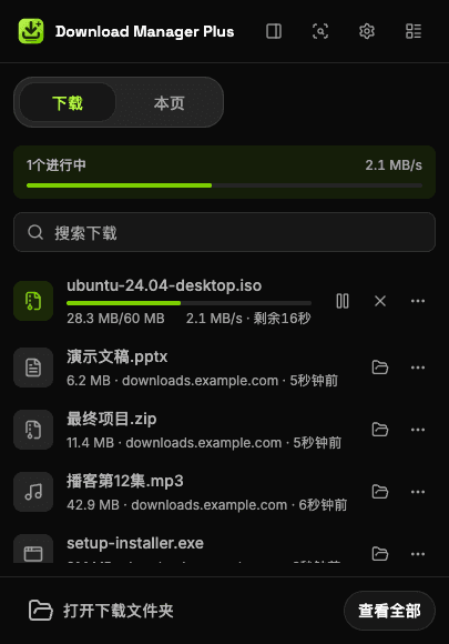 Download Manager Plus弹出窗口,有两个进行中的下载、总速度、下载搜索框,以及暂停、继续、取消和重试按钮